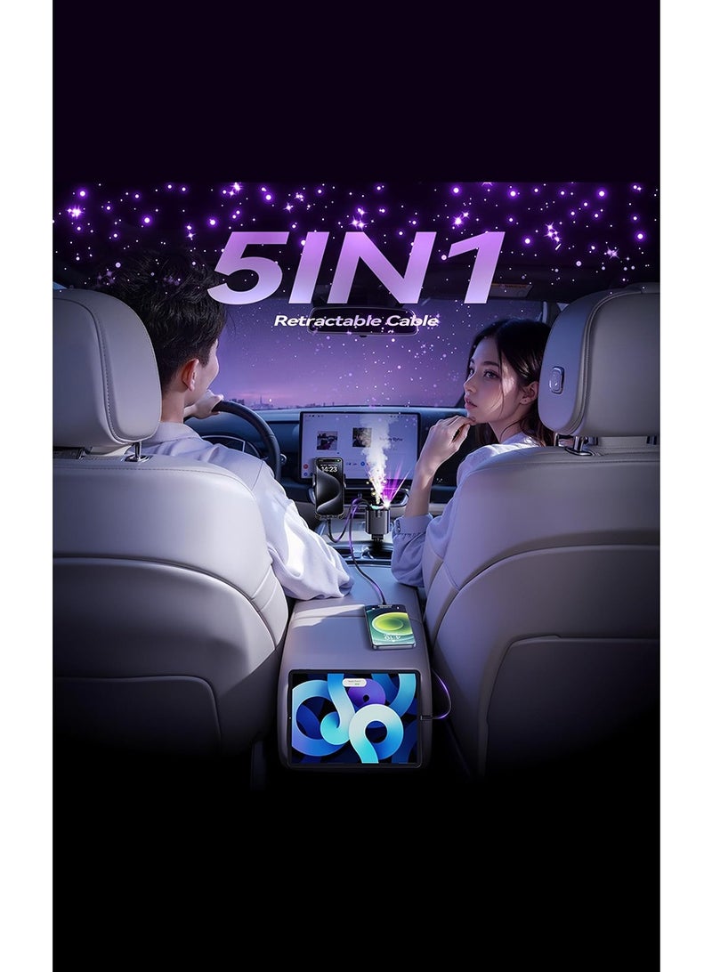 مستر سمارت شاحن سيارة 5 في 1 مع كابل قابل للسحب، شحن سريع مزدوج، موزع روائح عطرية، إضاءة LED ملونة، متوافق مع USB-C - Image 2